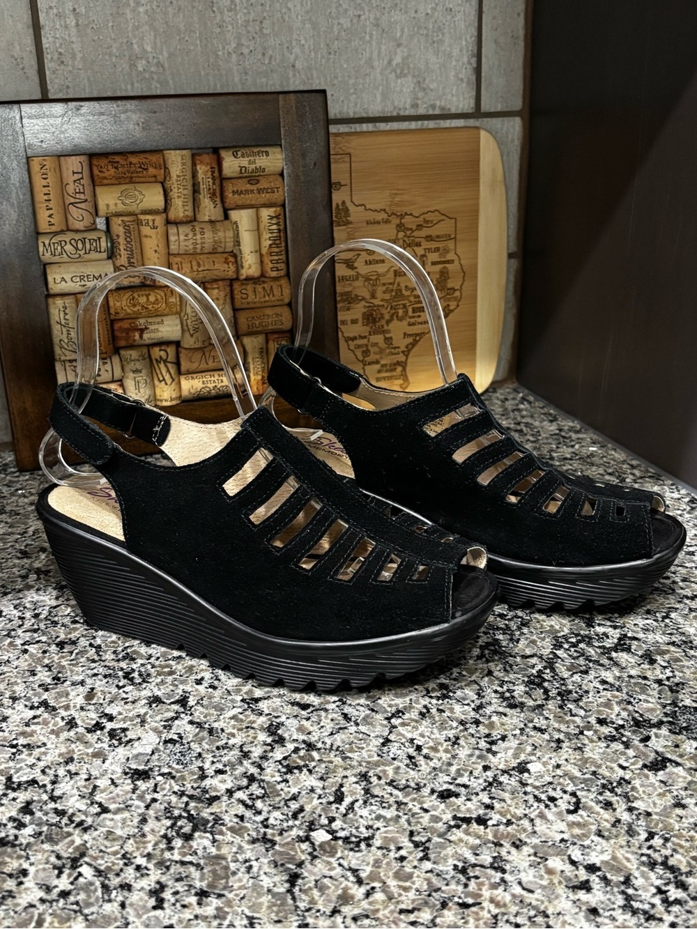 Skechers Black Suede Cut Out Wedge Sandals Size 7